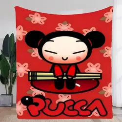 Whimsical Pucca Character Plush Blanket - Cozy Cartoon Style Throw with Playful Red and Pink Floral Accents - 100x130CM40x50inch