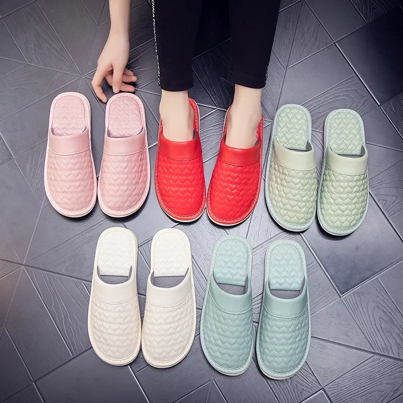 Waterproof Leather Slippers Women Men Spring Summer Home Floor Slides Women Non-Slip Soft Sole Indoor Slipper Couple Shoes