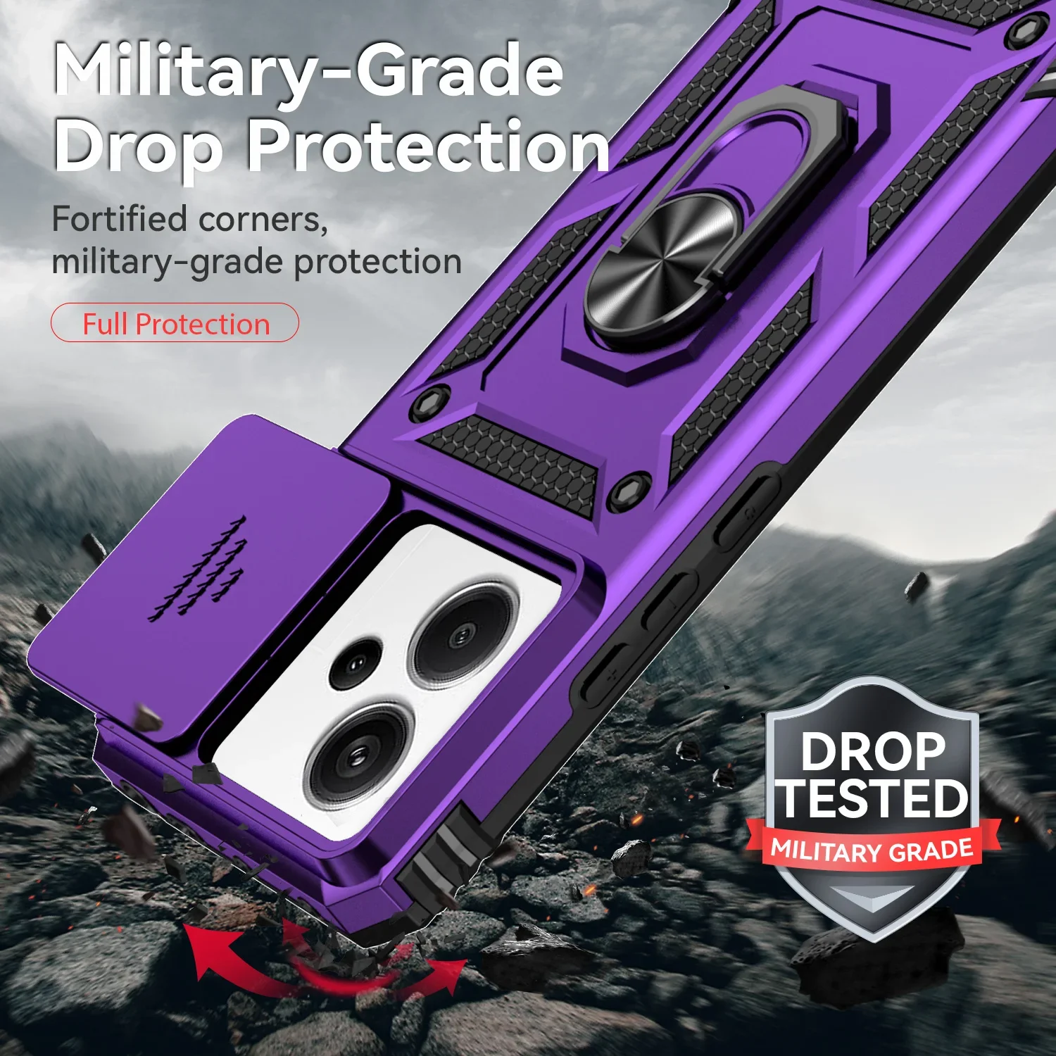 Shockproof Magnetic Case with Slide Camera Lens and Ring Stand Protect Cover