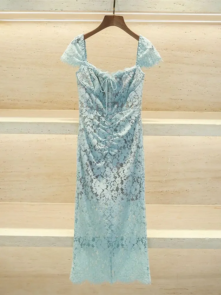 

Женское платье-миди с квадратным вырезом, кружевное приталенное ТРАПЕЦИЕВИДНОЕ ПЛАТЬЕ НА ПУГОВИЦАХ со стразами и вышивкой, 2023