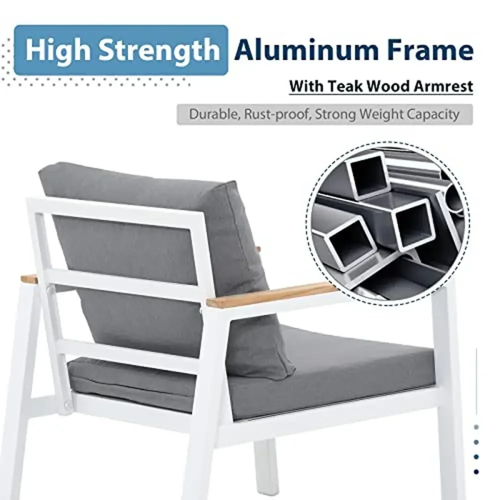 Outdoor 5-Piece Aluminum Conversation Set with Teak Table & Cushion Patio Furniture Sectional Garden Poolside and Backyard 4