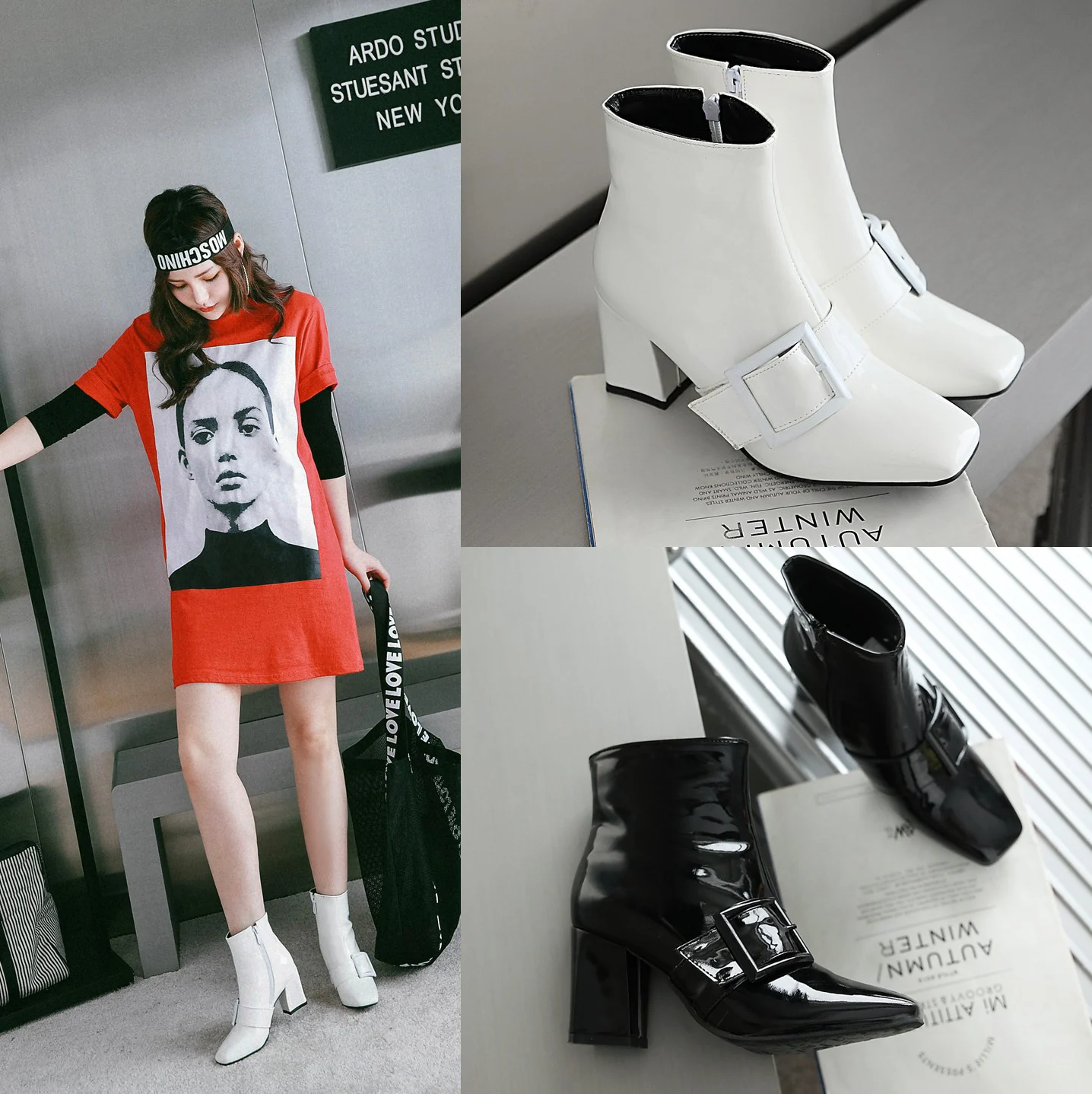 Big Size Women Ankle Boots Patent Leather High Block Heels Square Toe Casual Party Dress Buckle Winter Ladies Zipper Short Boots