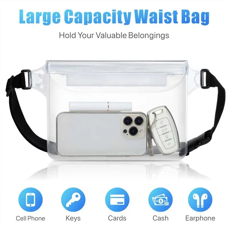 PVC Waterproof Mobile Phone Bag Valuables Belt Bag for Beach Swimming Snorkeling with Adjustable Waist Strap Dry