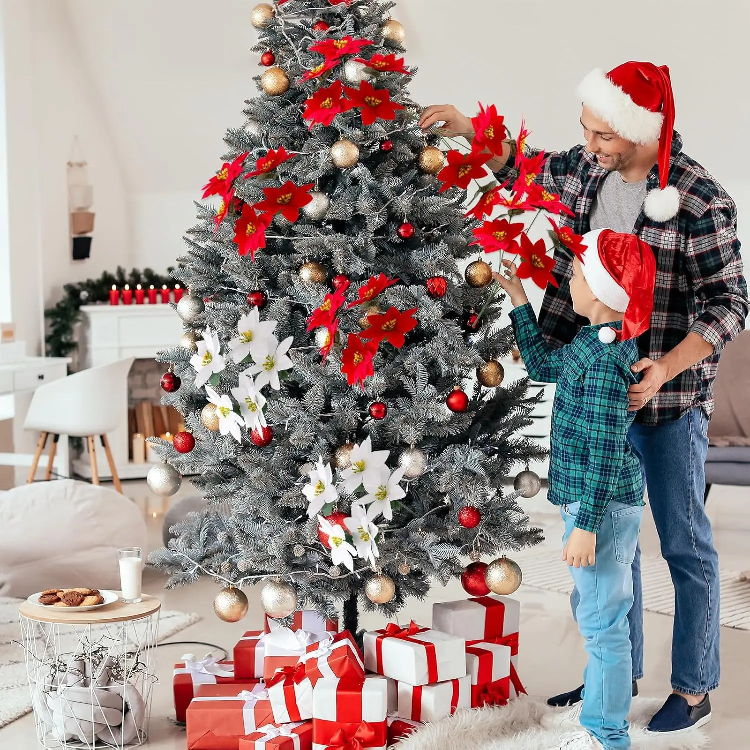 2 Stück künstlicher Weihnachtsstern-Blumenstrauß, 5 Köpfe, Weihnachtsstern-Busch, Weihnachtsblumen, Veranda, Hausgarten, drinnen und draußen, Weihnachtsdekorationen – Detail 6