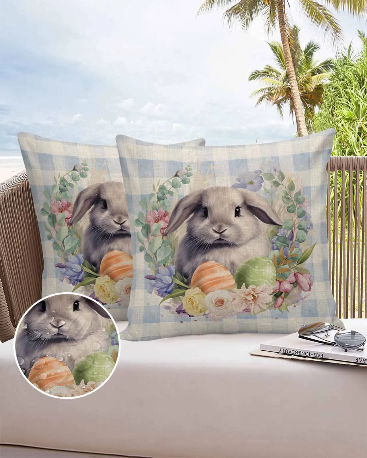 

2/4PCS Easter Rabbit Watercolor Egg Plaid Pattern Waterproof Cushion Cover For Home Decoration 40/45/50/60/66cm Pillowcase