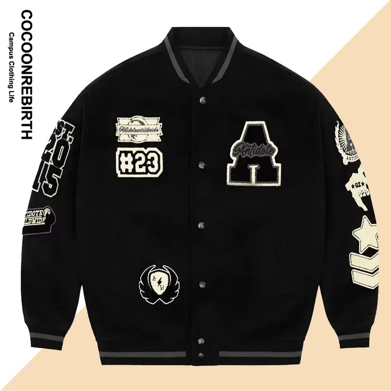 

Mens Baseball Jacket Flocked Embroidery Stand Vintage Bomber Jackets High Street Loose Coat Couple Streetwear Spring Autumn New