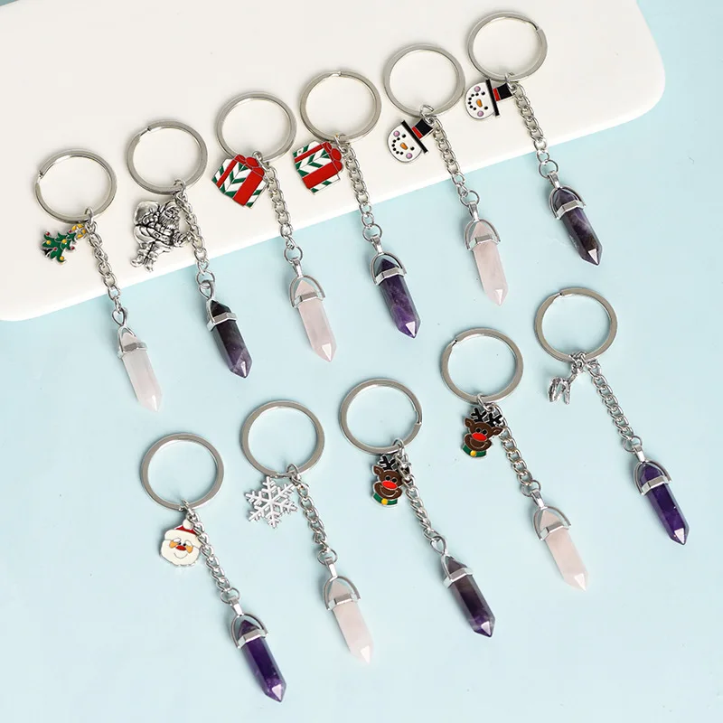 

12pcs Christmas Natural Crystal Stone Keychain Keyring Father Christmas Tree Snowman Pendant Handbag Ornament ACC