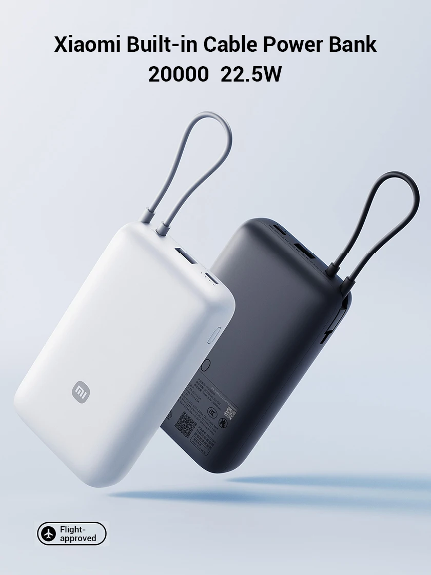 Batería Externa Xiaomi con Cable Integrado 20000mAh 22.5W PB2020MI USB-C Carga Rápida Bidireccional para iPhone 15 16 Xi