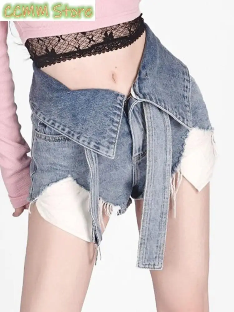 New Summer Bule Fashion Shorts Women Patchwork Korean Style Designer Denim Pants Female High Waist Casual Vintage Pants
