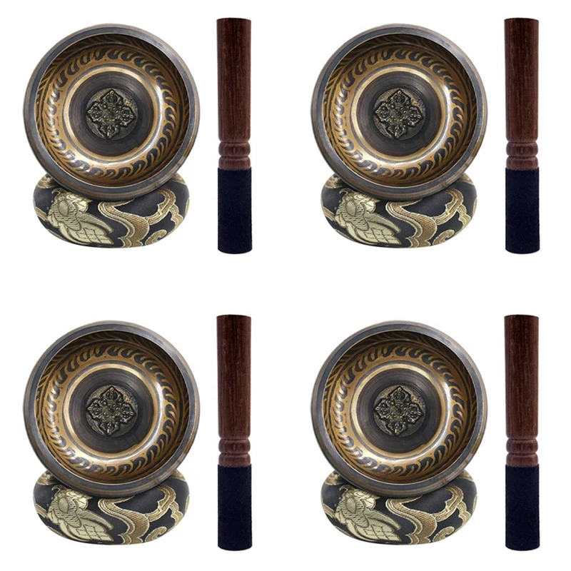 

4X Tibetan Singing Bowl Set With New Dual End Stroker Cushion For Meditation Yoga Spiritual Healing Mindfulness,Black