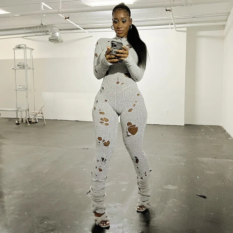 

2023 Knitted Ripped Jumpsuits Women Autumn Solid Long Sleeve Casual Body-shap Female Classic Streetwear Y2K Sweaters&Jumpers