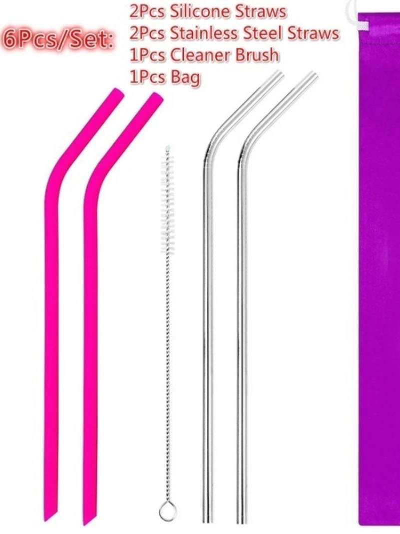 Reusable Silicone and Stainless Steel Straw Set with Cleaner Brush and Bag