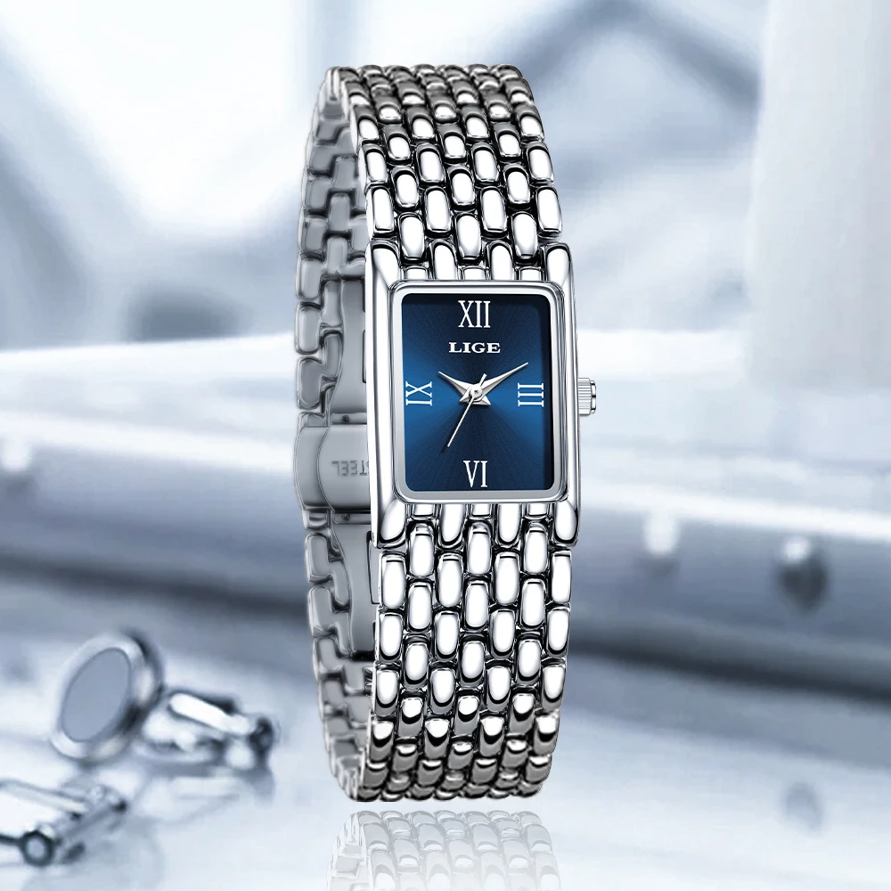 LIGE Women's Quartz Wristwatch Fashion Simple Sport Waterproof Watches For Women Creative Steel Square Watch Ladies Reloj Mujer