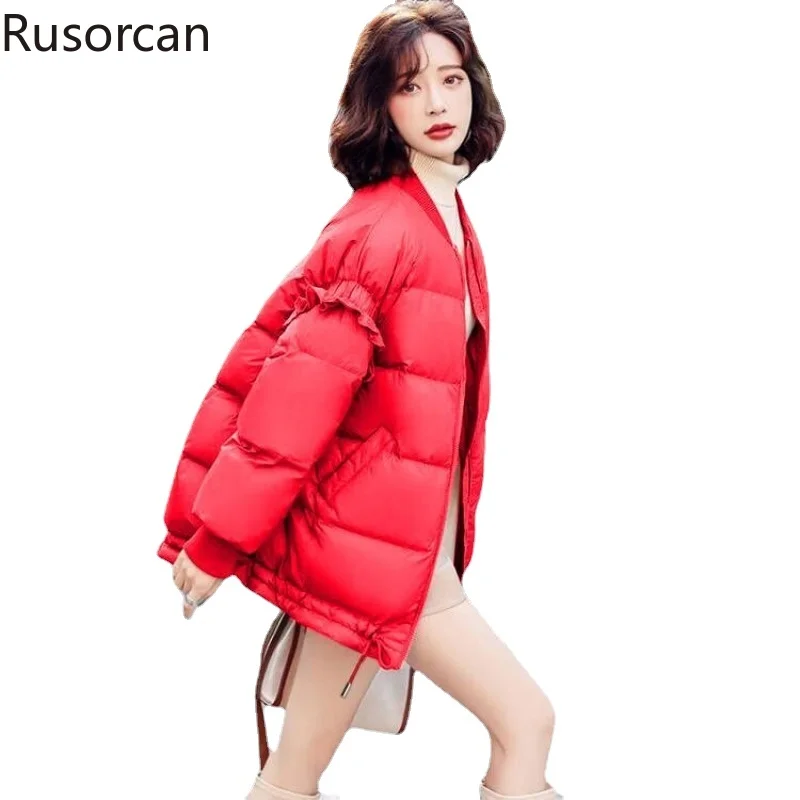 

2023 New Winter 90 White Duck Down Down Coat Women's Loose Wood Ear Edge Thickened Baseball Neck Cute Coat Fashion Female Tide