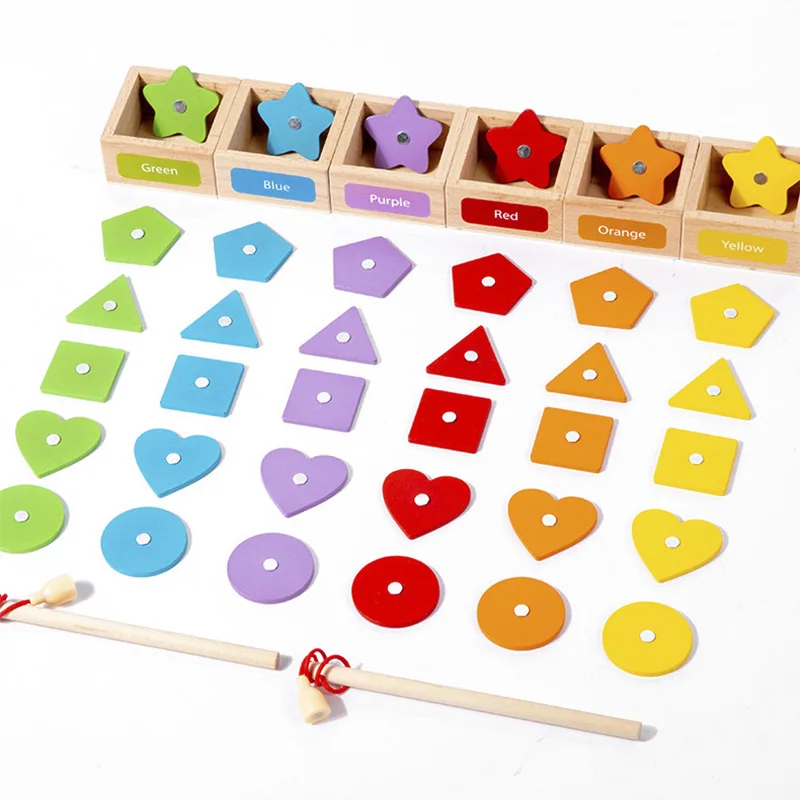 Children's Wooden Magnetic Color Shape Teaching Aid Classification Box Geometric Cognition Fishing Game Educational Toys For Kid 5