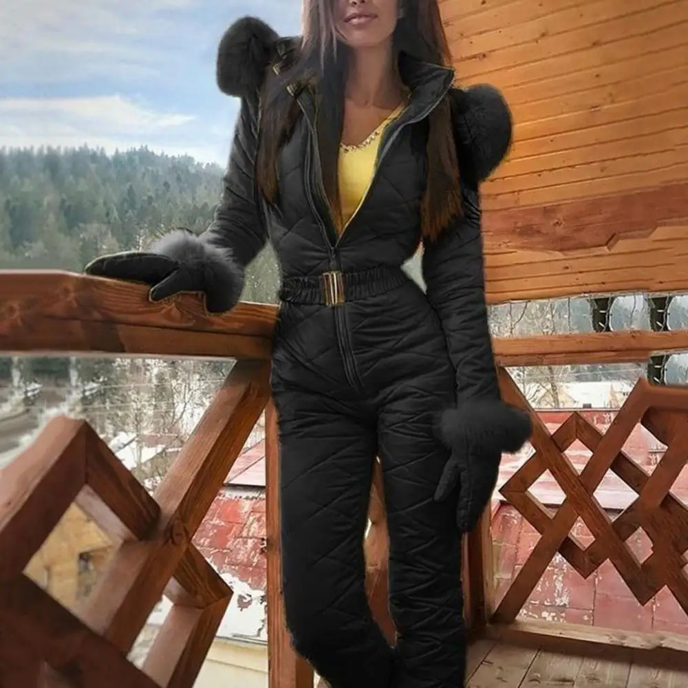 Fleece Women Skiing Jumpsuit Faux Fur Collar Hooded Ski Suit Windproof Outdoor Sports Snowboard Overalls Waist Belt Rompers