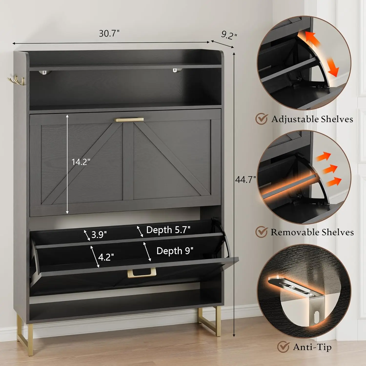 Shoe Cabinet with 2 Flip Drawers Narrow Shoe Storage Cabinet Organizer Wooden Freestanding Rack Hidden Slim Storage
