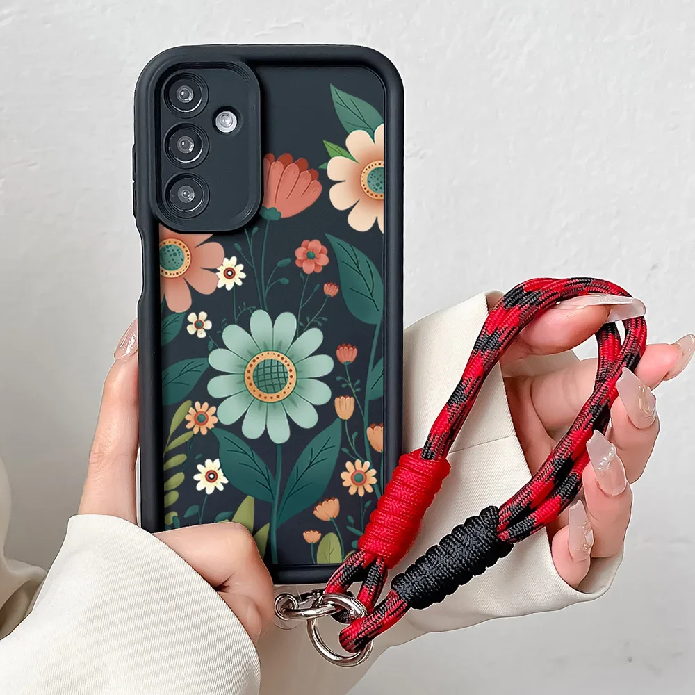 Charming Floral Phone Case with Wrist Chain and Lanyard, Soft TPU Cover