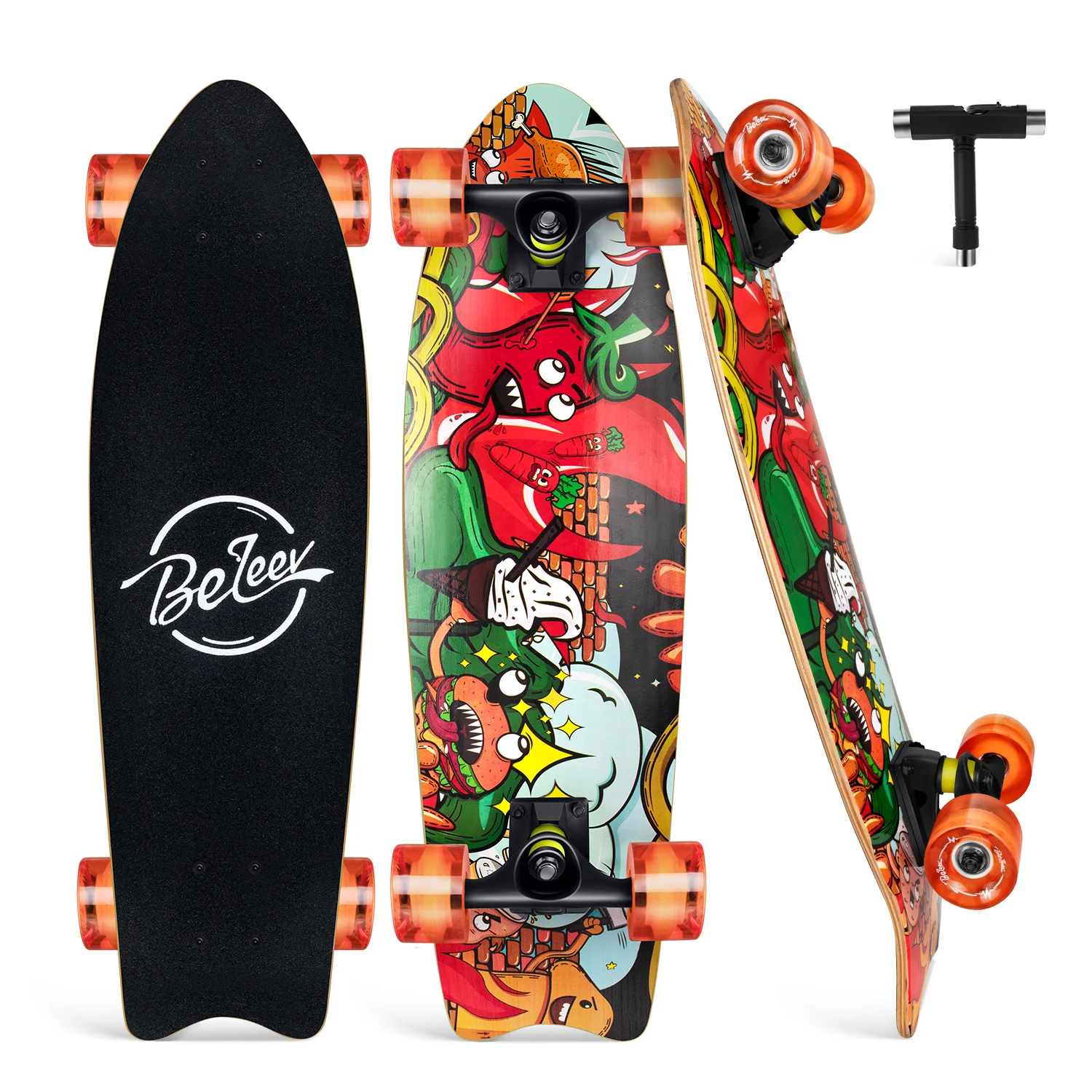 

27 Inch Complete Skateboard for Kids Teens Adults, 7 Layer Canadian Maple Double Kick Deck Concave Trick Skateboard