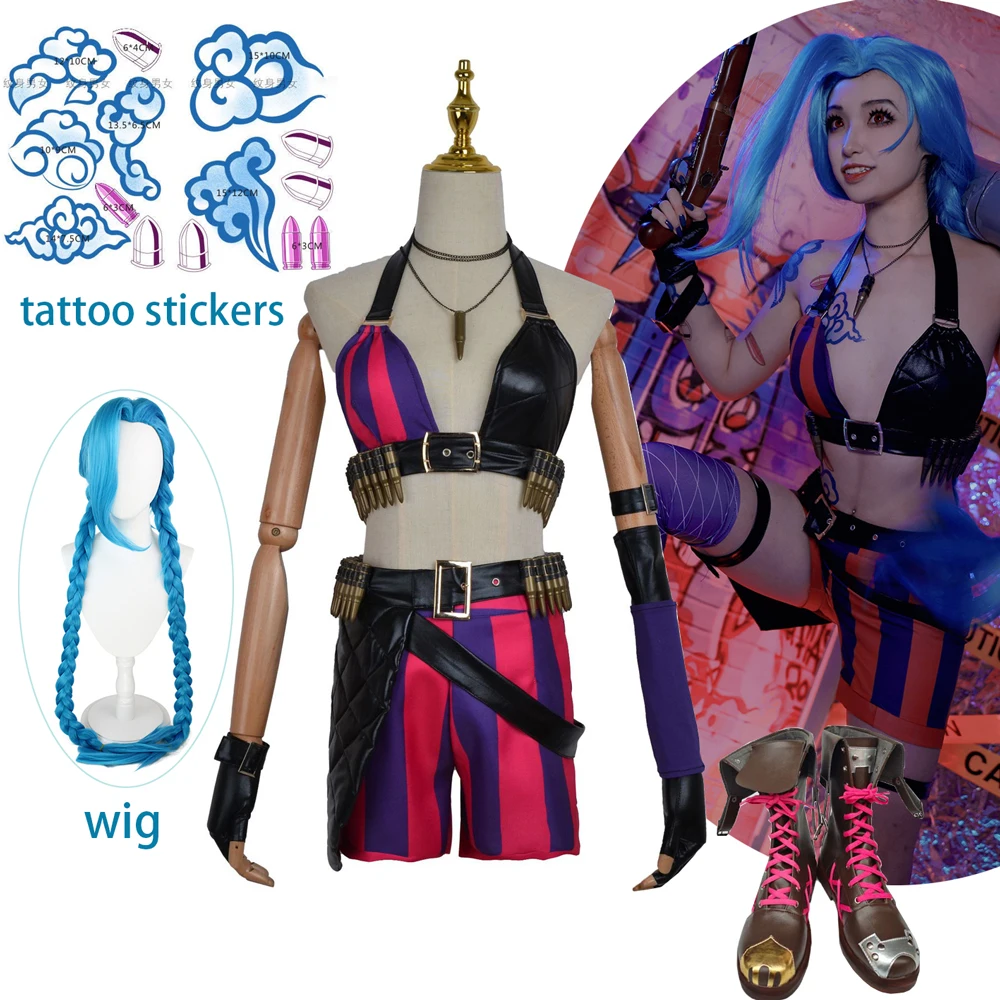 

Anime Game Jinx Cosplay Arcane Costume Full Set Necklace Tattoo Blue Wig Jinx Shoes Boots Halloween Party Carnival Outfits Women
