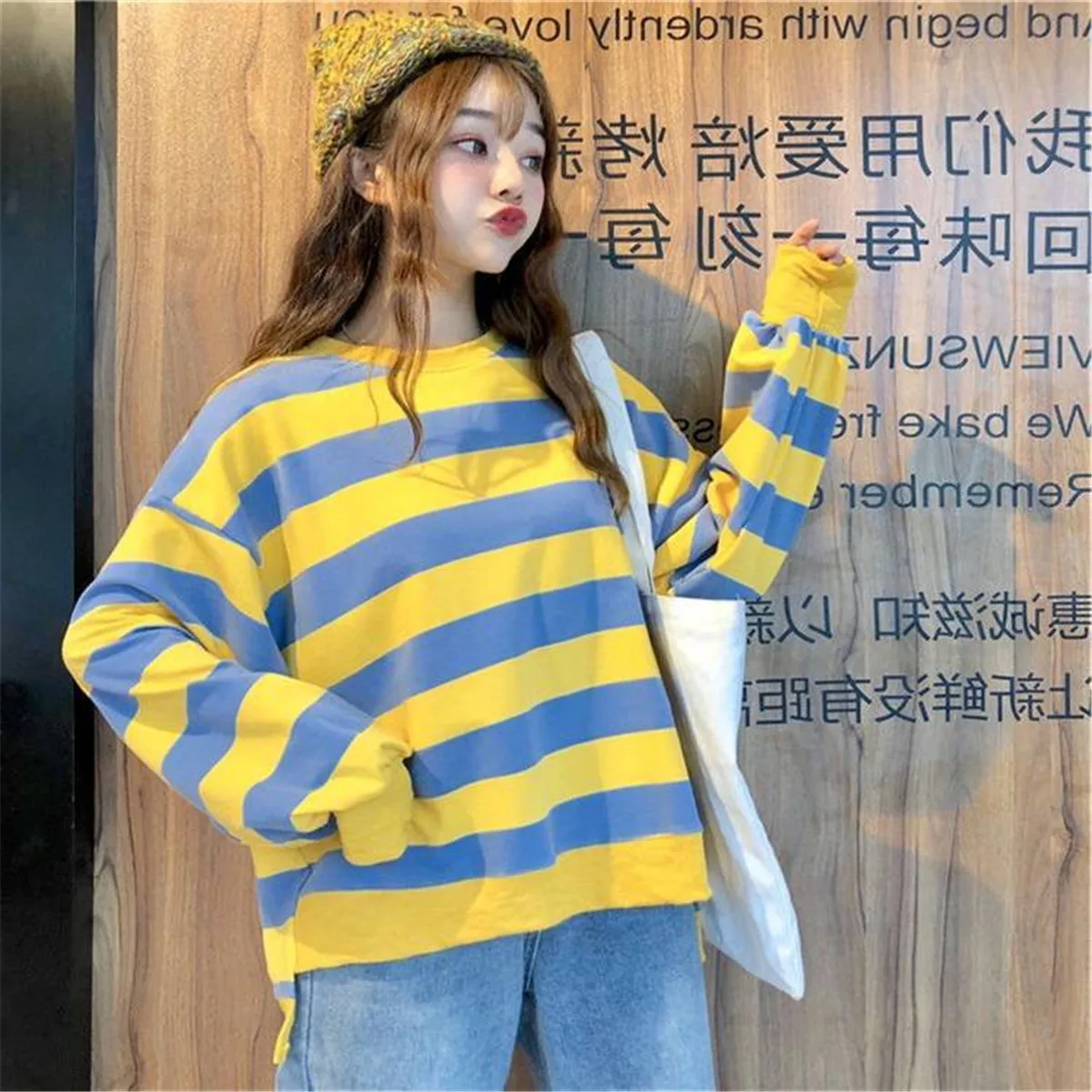 

Yellow Striped Sweatshirt Women Casual Autumn Hip Hop Harajuku Hoodie Long Sleeve Loose Oversized Ulzzang Spring Hoodie Girls