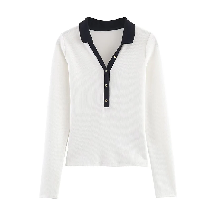 2026 Spring Autumn Casual T-Shirts Fashion Contrast Color Design Long Sleeve Knit T-Shirts For Women Streetwear Casual Short Top