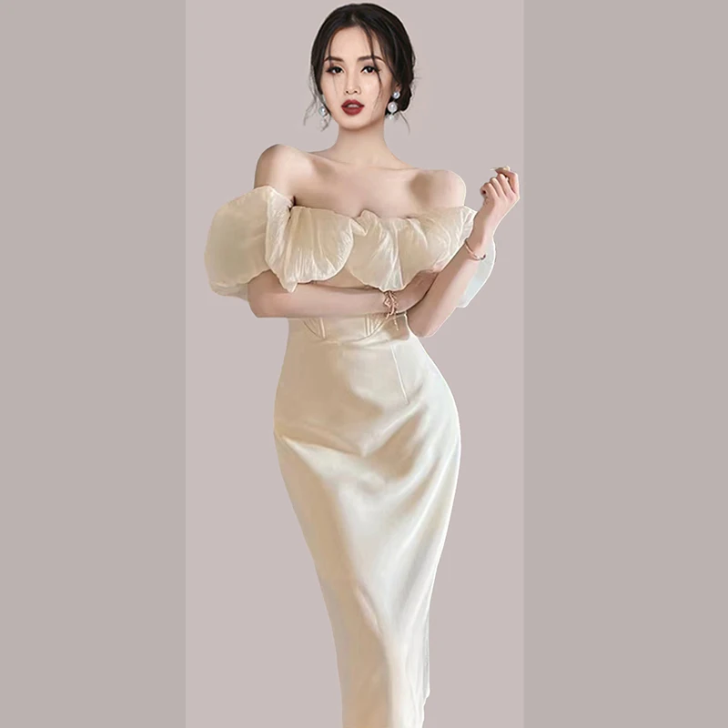 

Vestidos New Ruffle Patchwork Slim Sexy Slash Neck Dress Summer Dresses for Women 2023 Clothing Female Korean Fashion Clothes