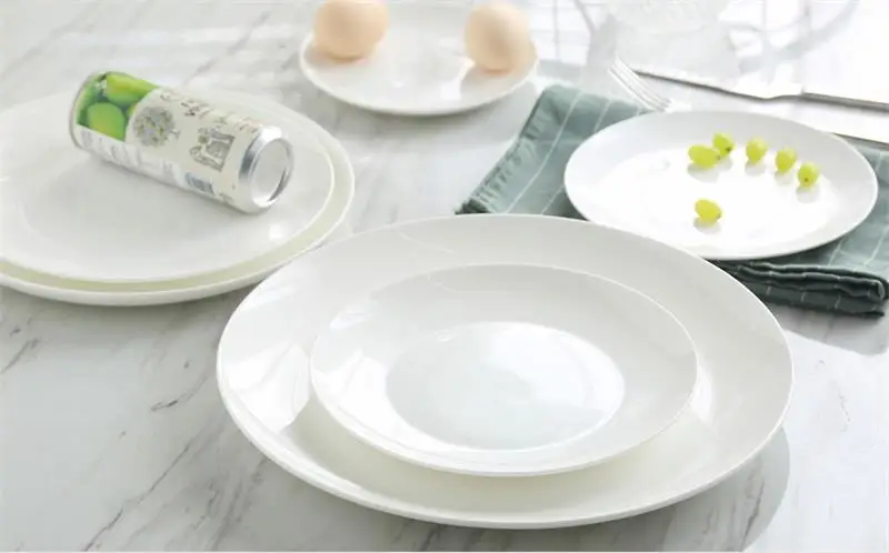 5.5 inch, plain white bone china sushi tray, porcelain dinner plates, a pottery cake dish, crystal clear dessert dishes