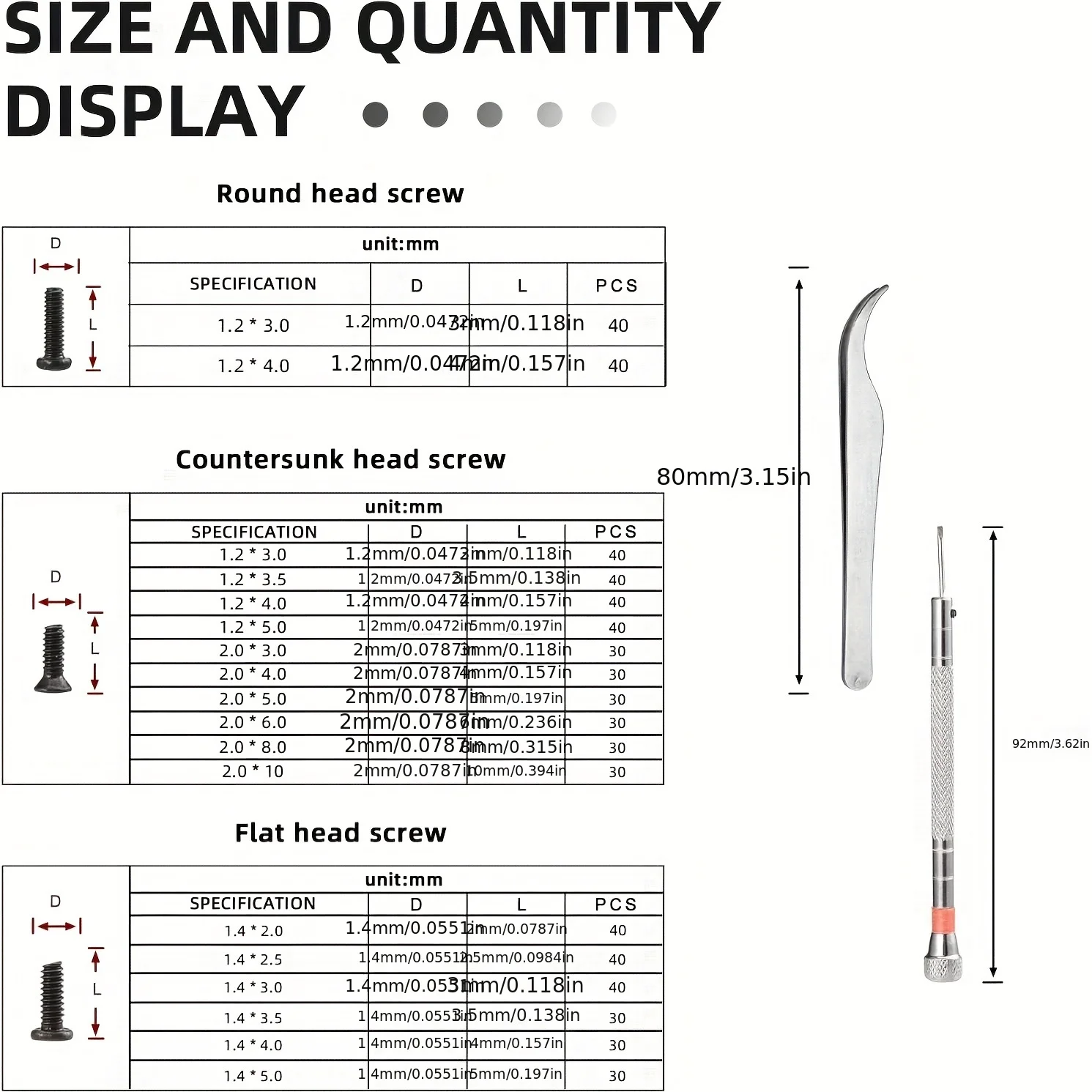 Micro Repair Screw Set 630 Pcs for Glasses Sunglasses Watches Jewelry M1.2 M1.4 with Screwdriver