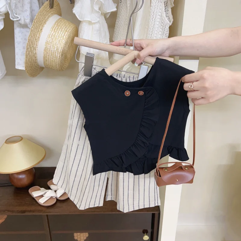 

Cute and Comfortable 2023 New Korean Style Summer Girls Sleeveless Top and Wide-Leg Pants Two-Piece Set Children's Suit