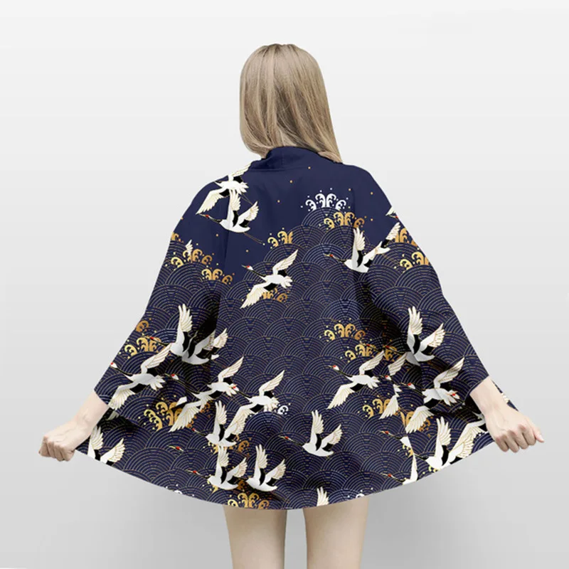 Large Size 5XL 6XL Japanese Kimono Cardigan Print Wave Crane Men Women Shirt Tradition Yukata Haori Obi Cosplay Costume