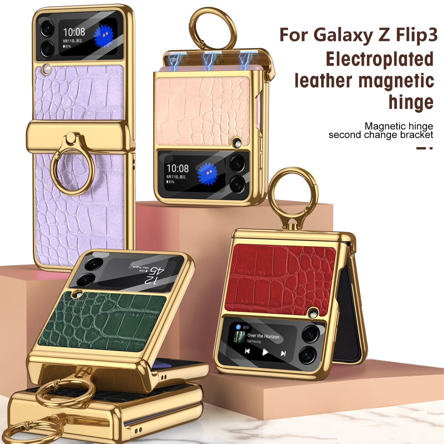galaxy flip3 case Plain Leather Solid Color Case For Samsung Galaxy Z Flip 3 5G Phone Case Magnetic Hinge Metal Ring Holder stand case for flip3 samsung galaxy flip3 case