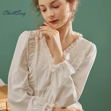 

Spring And Autumn V-neck 2-piece Lace Long-Sleeved Thin Section Solid Color Cotton Comfortable And Sweet Cute Soft Pajamas Women