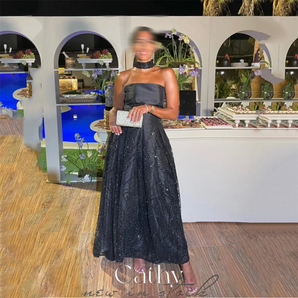 

Cathy Off Shoulder Black A-line Tulle Prom Dress 2024 Detachable Halter Neck فستان سهره فاخر Elegant Sleeveless فساتين السهرة