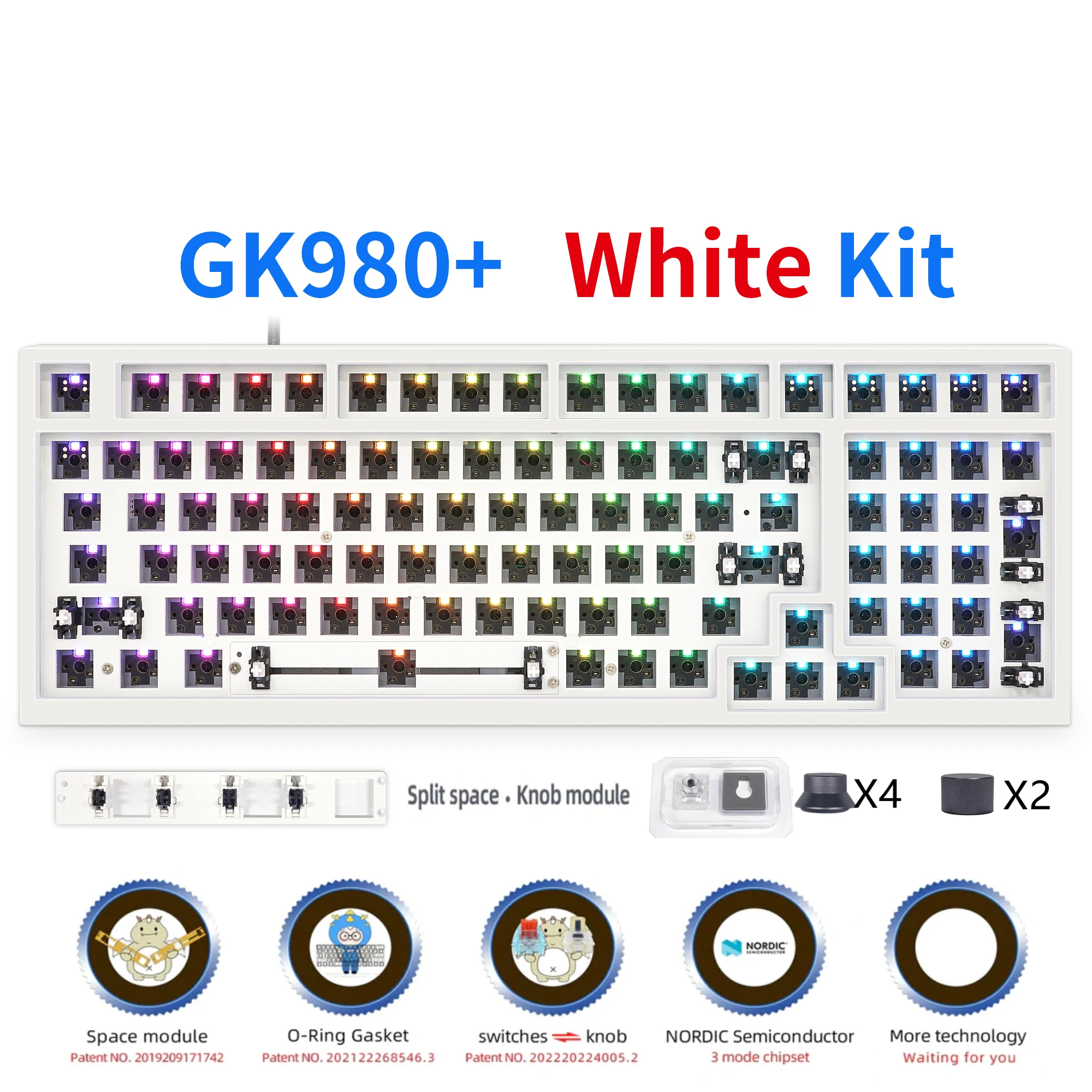 플라스틱 GK980 트리플 모드 4 노브 가스켓, RGB 핫 스왑 가능 매크로 프로그래밍 가능, 블루투스 유선 2.4G 기계식 키보드 베어본