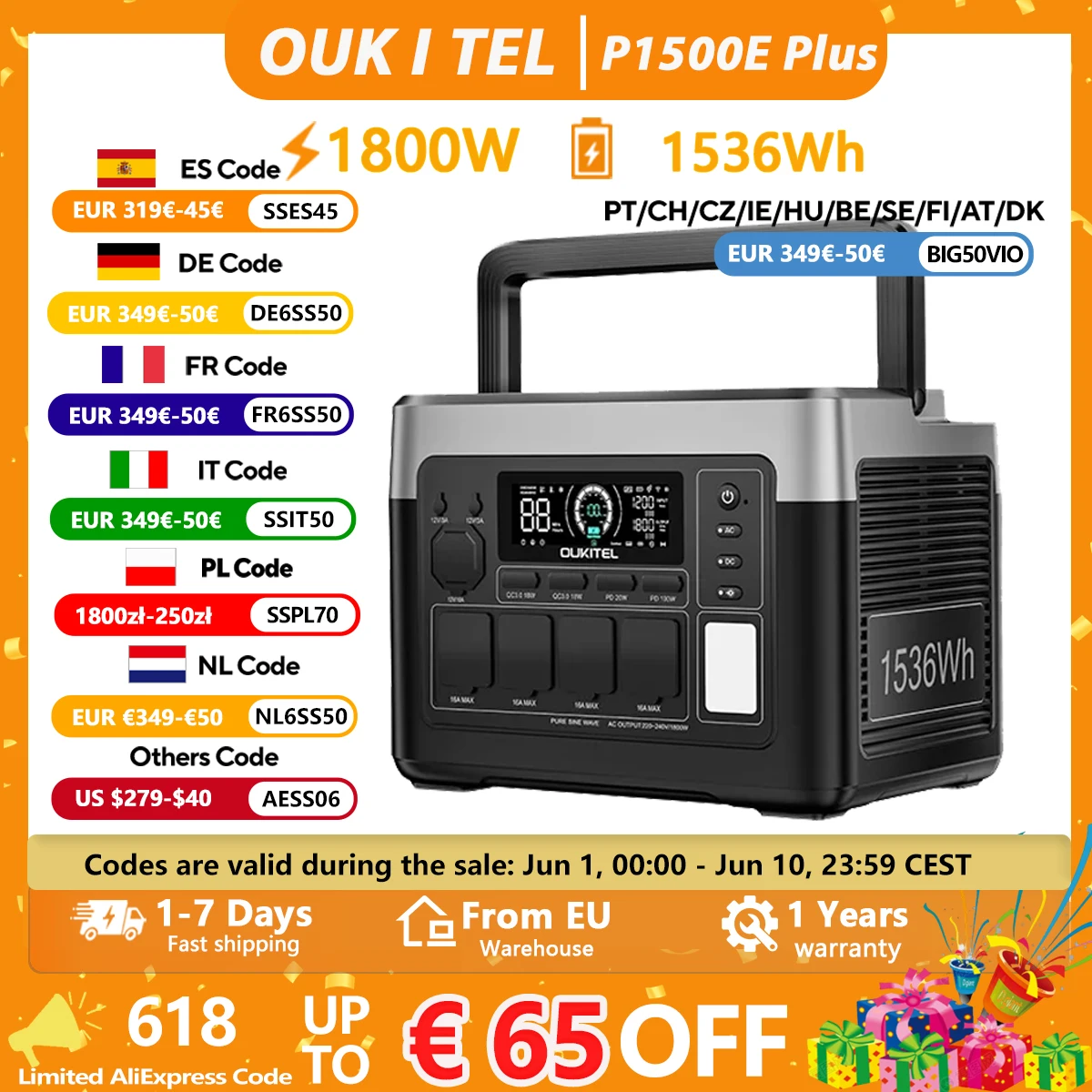 OUKITEL P1500 PLUS 1800W Przenośna Stacja Zasilania 1536Wh z EU za $425.46 / ~1582zł OUKITEL P1500 PLUS 1800W Przenośna Stacja Zasilania 1536Wh z EU za $425.46 / ~1582zł