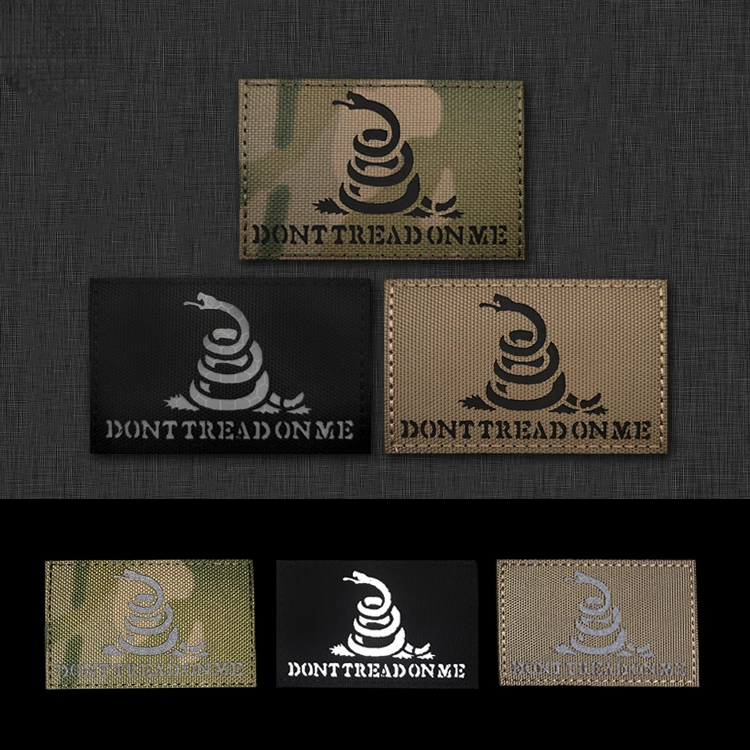 2 Toppe Ricamate Morale Patch "Don't Tread On Me" Serpente - Rifrangenti IR, Dimensioni 8x5 Cm, Con Fissaggio A Strappo