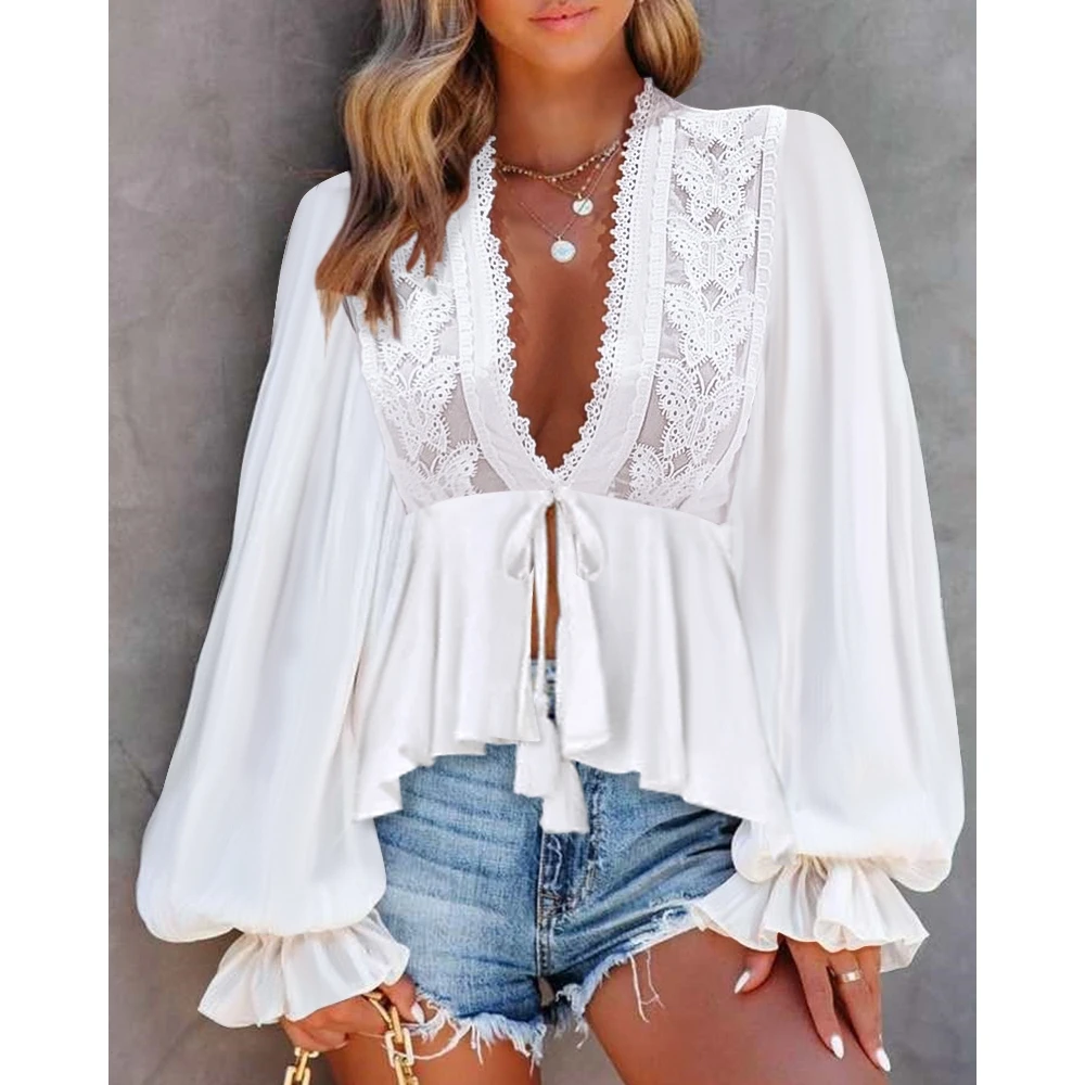 Lantern Sleeve Casual White Shirts for Women Lace Patch Design V-neck Casual Blouse Tied Detail Top Elegant Spring Outwear