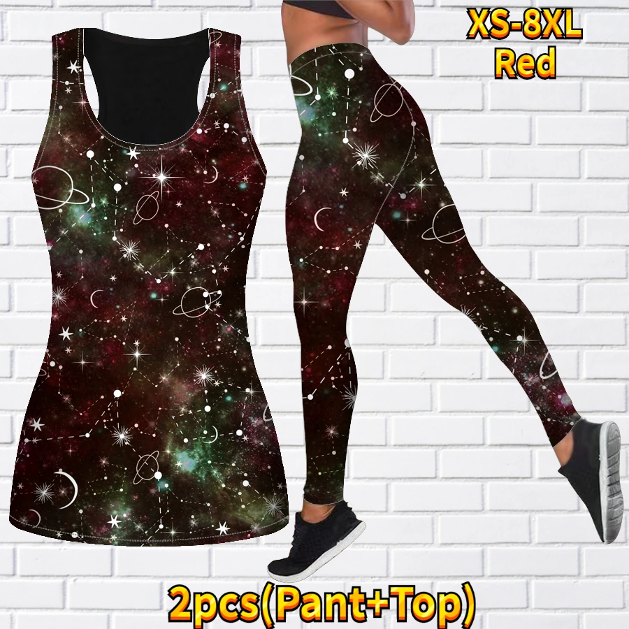 Spring/Summer Women\'s 3D Universe Star Sky Printed Tank Top and Tights Summer Sleeveless Fit Tank Top Yoga Set XS-8XL