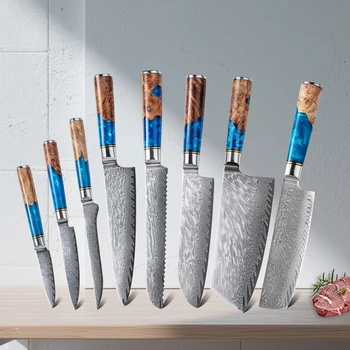 Set di coltelli da cucina in acciaio di Damasco VG10 Coltello da chef Mannaia Coltello da pane per sbucciare Set di manici in resina blu 1