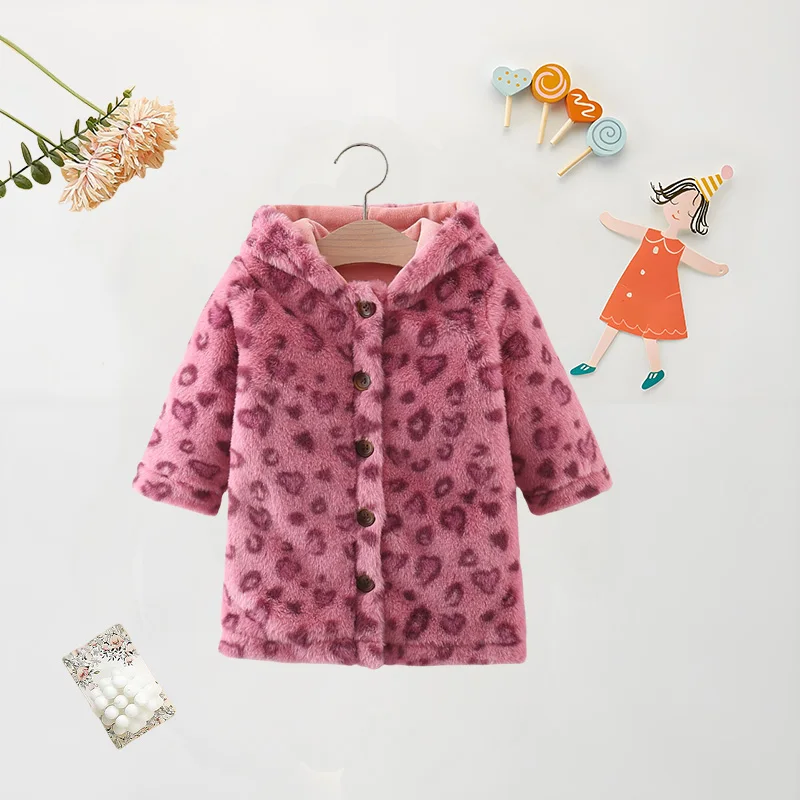 Winter Baby Girl Coat Leopard Print Hooded Single Breasted Jacket Fashionable Warm Cotton Thick Fur Fashionable Top