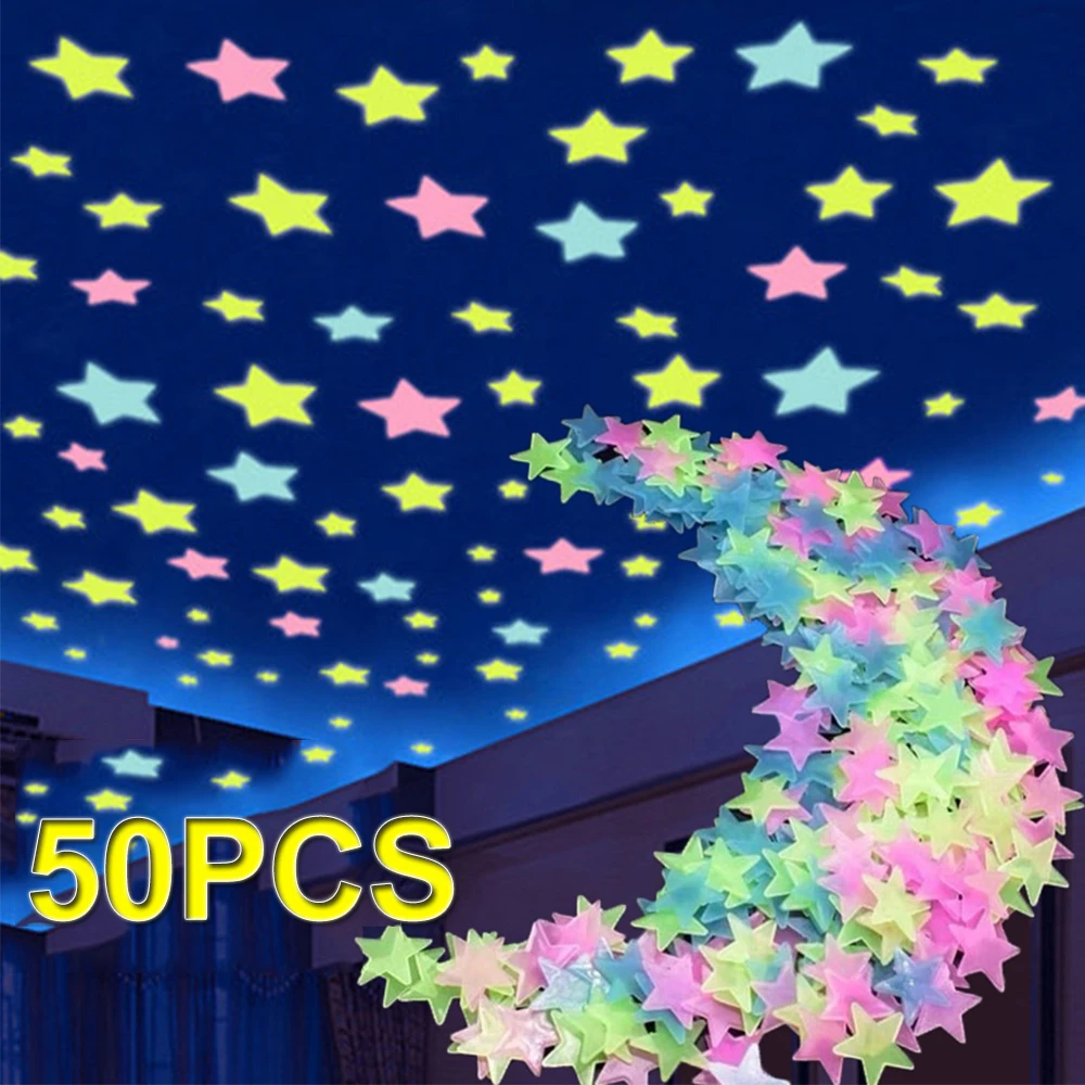 50PCS Luminous 3D Wall Stickers Glow In The Dark Stars Sticker for Kids  Baby Rooms Colorful Fluorescent Home Room Decor Decals