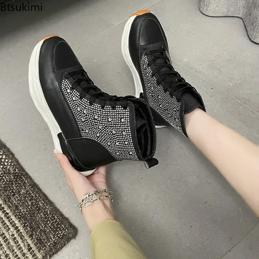 2024 Women's Front Lace Up Short Boots Diamond Thick Sole Martin Boots Autumn Winter Casual Mid Length Flat Bottom Boots Woman