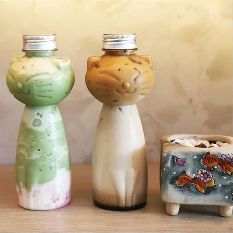Cute Cat Shape Water Bottles For Milk Tea Coffee Juice Portable Drinking Cup Transparent Juicing Beverage Drink Bottle BPA Free