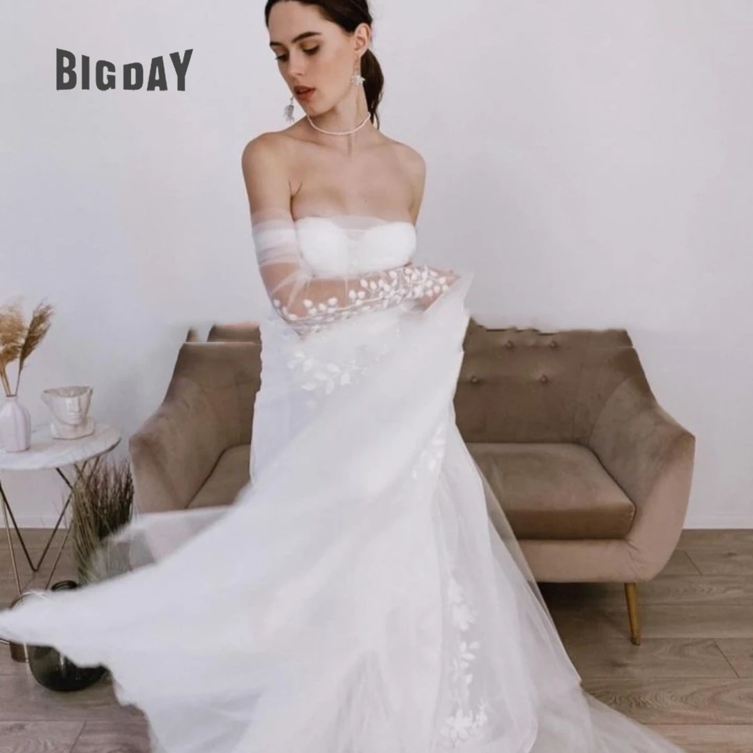 

Bohemia Wedding Dress For Woman 2024 A-Line Off the Shoulder Strapless Lace Appliques Sleeveless Bride Gown Tulle Vestido Custom