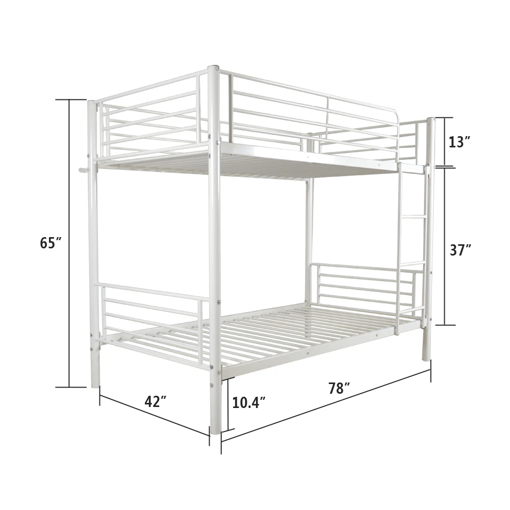 Iron Bed Bunk Bed with Ladder for Kids Twin Size White