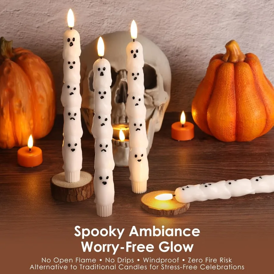 Halloween Flameless Taper Candles with Remote Spooky White Ghost LED Candlesticks Battery Operated Flickering for Decorative Ta