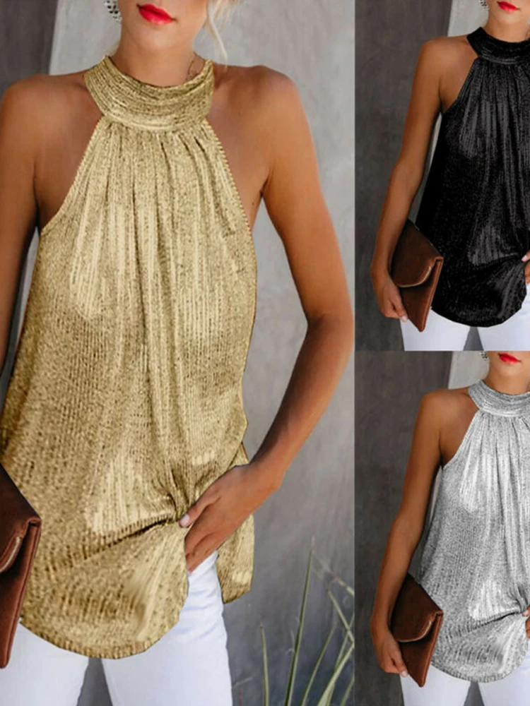 여성 골드 블라우스 2025 새로운 패션 하이 넥 민소매 Hatler 탱크 탑 조끼 여름 캐주얼 루즈 블라우스 셔츠 티