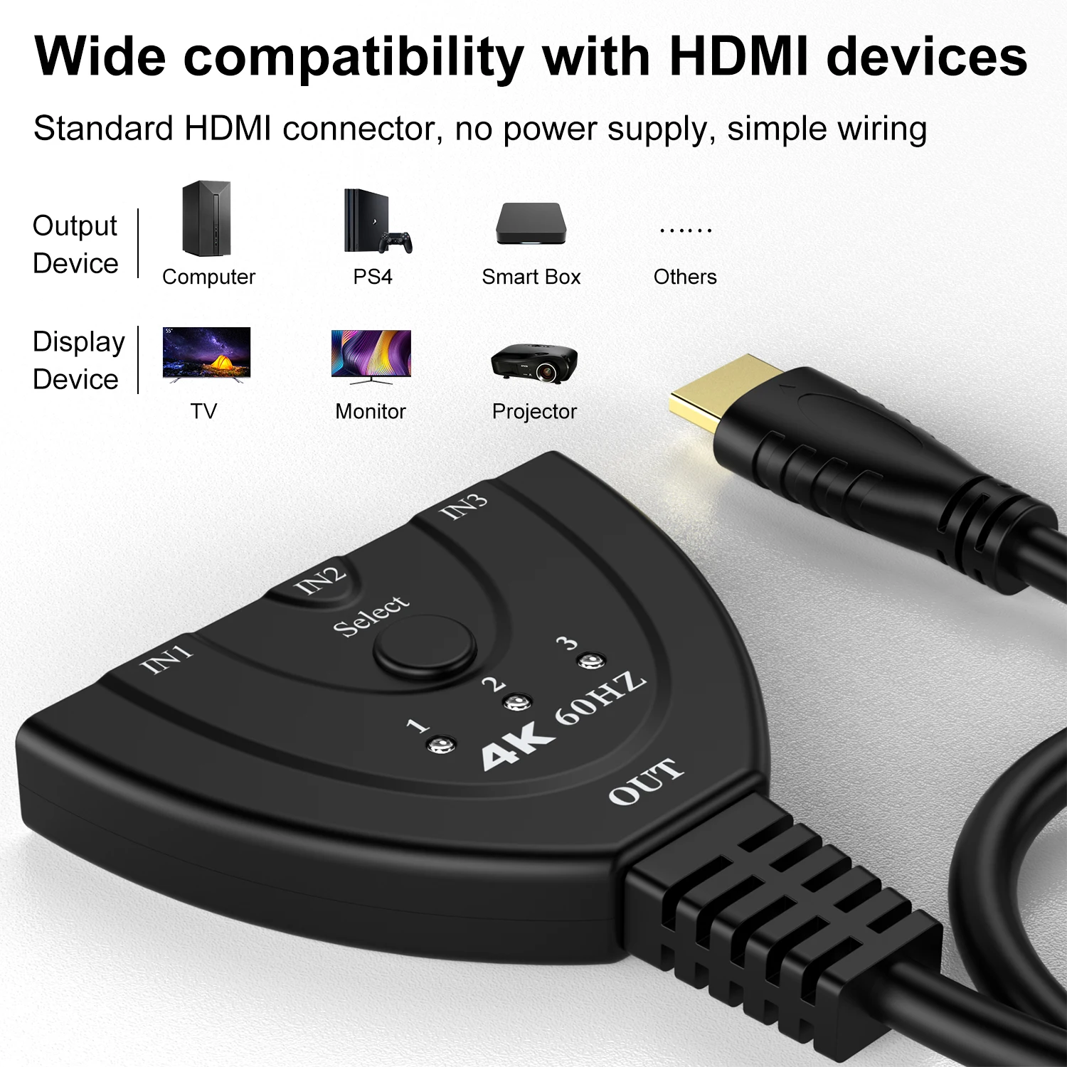 4K 60Hz 3D Mini 3 Port HDMI-compatible V2.0 Switcher 4K@30/1080P Switch Splitter 3 in 1 out Port Hub Cable for DVD HDTV Xbox PS4