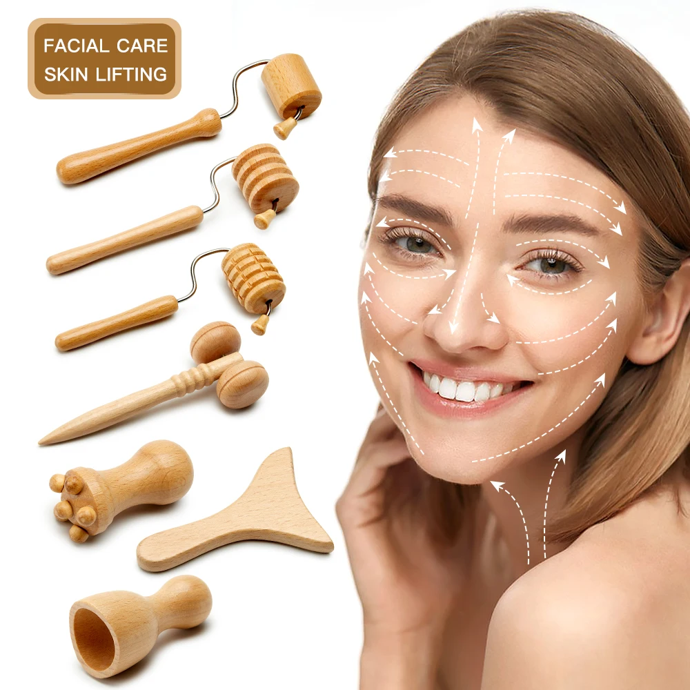 7/8 pezzi Massaggiatore Viso Spa Maderoterapia Rullo Massaggio Dimagrante Viso Terapia in Legno Gua Sha Bastone Lifting Viso Rimozione Rughe_voghion.com
